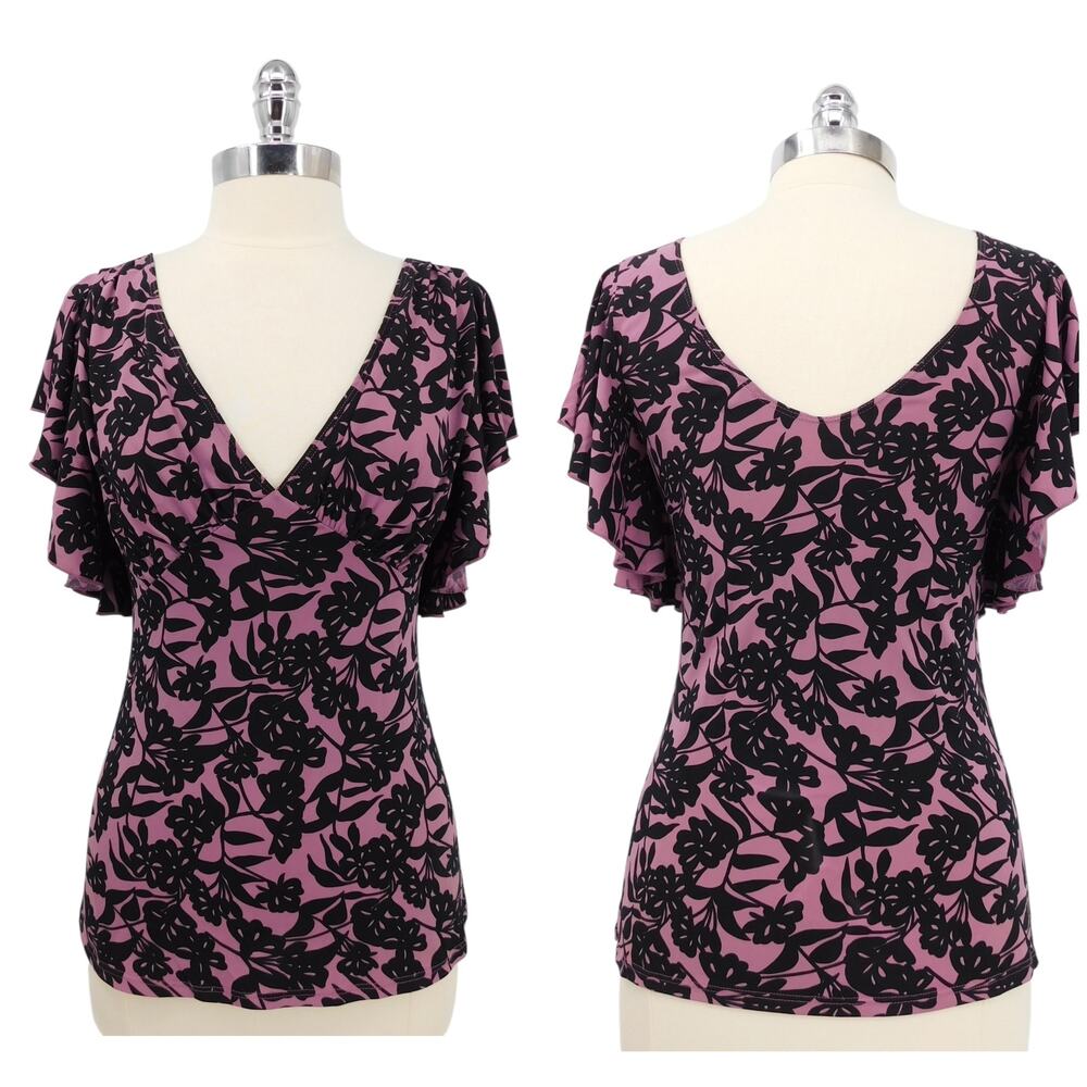 VTG‎ First Kiss Floral Y2K Top Blouse 90s Cap Sleeve Purple Black Floral Size S